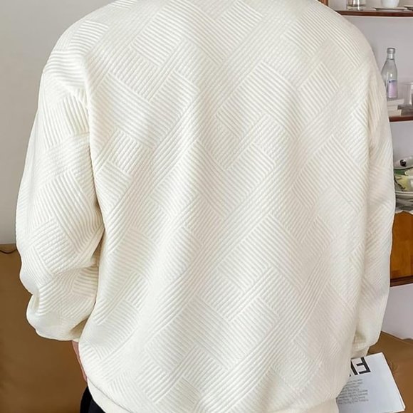 Men Men's Crewneck Sweat Soild Color Geometric Texture Long Sleeve Casual Shirt - Picture 3 of 6